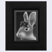 Finely rendered grayscale ink and graphite illustration of a rabbit, with a small tortoise atop its head. Drawing is framed in a thick black frame with a black and white mat.