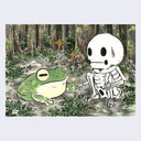 Watercolor illustration of a crouching skeleton bumping fists with a bullfrog in a forest setting.