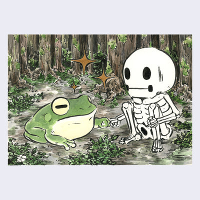 Watercolor illustration of a crouching skeleton bumping fists with a bullfrog in a forest setting.