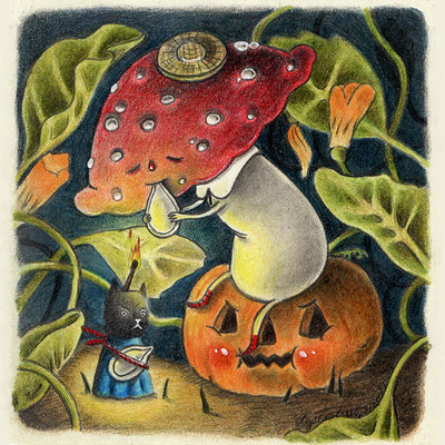 Illustration of a toadstool mushroom with arms, legs and a face eating a pumpkin seed. It sits atop of a blushing jack o lantern and a small cat, holding a match on its head, stands nearby.