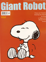 Giant Robot Issue #29 magazine cover, a tomato red background with a smiling Snoopy illustration, sitting. "Giant Robot" is written in bold baby blue font on the top, listed topics can be read in product description.