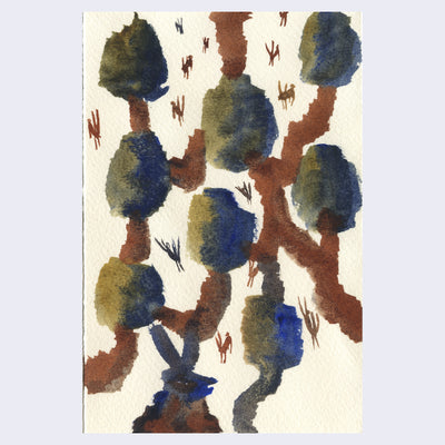 Scumble style watercolor painting on cream paper of a network of abstract branches and green and blue rounded foliage connected to one another, with very skinny doodle style rabbits within the gaps. Below, is a larger rabbit with blue and brown coloring.