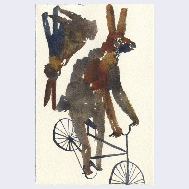 Scumble style watercolor painting on cream paper of an abstract brown rabbit riding a simplified bicycle. Behind is a large brown bunny silhouette, sitting upside down.
