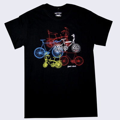 Front side of black t-shirt. Illustration of a BMX bike, road bike, and stingray bike in primary colors. Small white text on bottom of illustration says giant robot.
