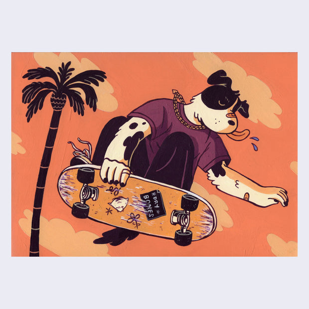Illustration of a spotted cartoon dog, riding a skateboard with orange sky and black palm tree in the background.