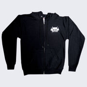 Black hooded long sleeve jacket, with a silver zipper. It has a small white graphic in the upper right chest, a robot head above text that reads "giant robot" in lowercase white font.