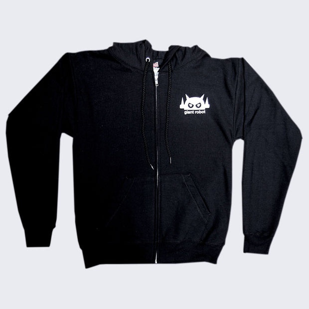 Black hooded long sleeve jacket, with a silver zipper. It has a small white graphic in the upper right chest, a robot head above text that reads "giant robot" in lowercase white font.