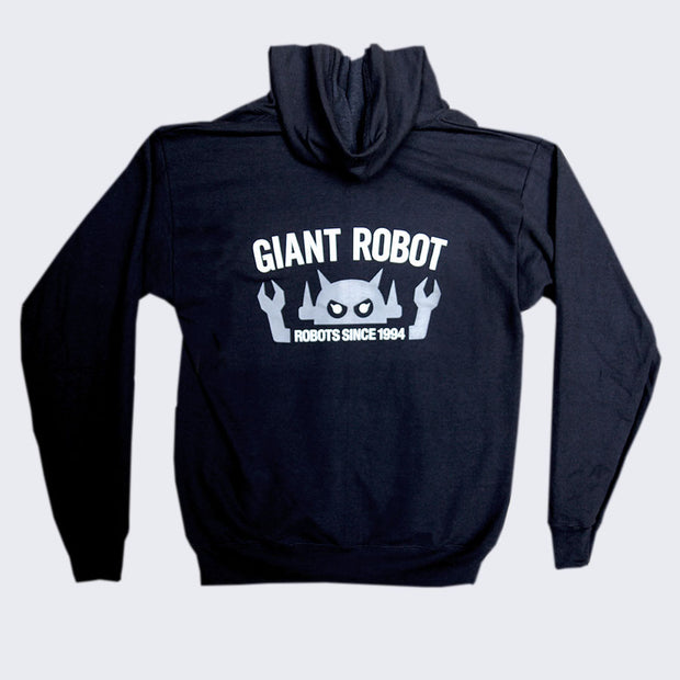 Black hooded long sleeve jacket, with the back design showing. "Giant Robot" is written in capital white font across the center, above a graphic of a gray robot head. It has 2 arms that come out of centered text that reads "robots since 1994".