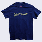Front side of navy t-shirt. Cursive text across chest says giant robot.