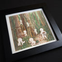 Cartoon style watercolor of many simple white figures with round heads, straight faces and simple triangle leg and arm bodies. They are in a forest setting with thick mechanical poles that resemble tree trunks. The characters are up on ladders and in general assisting with adding artificial greenery to the forest setting. Piece is in a thick black frame.