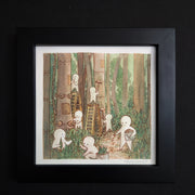 Cartoon style watercolor of many simple white figures with round heads, straight faces and simple triangle leg and arm bodies. They are in a forest setting with thick mechanical poles that resemble tree trunks. The characters are up on ladders and in general assisting with adding artificial greenery to the forest setting. Piece is in a thick black frame.
