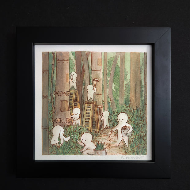 Cartoon style watercolor of many simple white figures with round heads, straight faces and simple triangle leg and arm bodies. They are in a forest setting with thick mechanical poles that resemble tree trunks. The characters are up on ladders and in general assisting with adding artificial greenery to the forest setting. Piece is in a thick black frame.