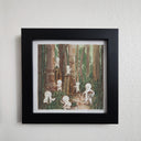 Cartoon style watercolor of many simple white figures with round heads, straight faces and simple triangle leg and arm bodies. They are in a forest setting with thick mechanical poles that resemble tree trunks. The characters are up on ladders and in general assisting with adding artificial greenery to the forest setting. Piece is in a thick black frame.