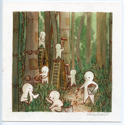 Cartoon style watercolor of many simple white figures with round heads, straight faces and simple triangle leg and arm bodies. They are in a forest setting with thick mechanical poles that resemble tree trunks. The characters are up on ladders and in general assisting with adding artificial greenery to the forest setting.