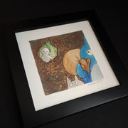 Watercolor illustration on white paper with a thick border of a simple white character with a shocked expression, looking into a rabbit hole that has a small blue and white Chibi Totoro, running towards the viewer, carrying a brown sack. Piece is in a thick black frame.