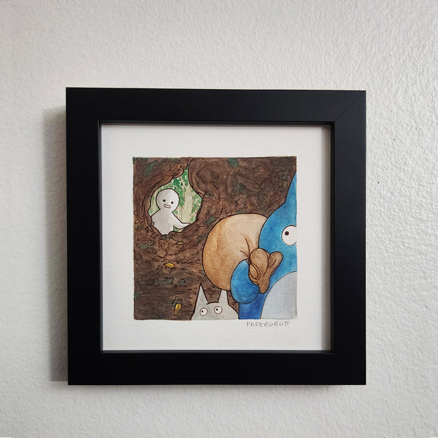 Watercolor illustration on white paper with a thick border of a simple white character with a shocked expression, looking into a rabbit hole that has a small blue and white Chibi Totoro, running towards the viewer, carrying a brown sack. Piece is in a thick black frame.