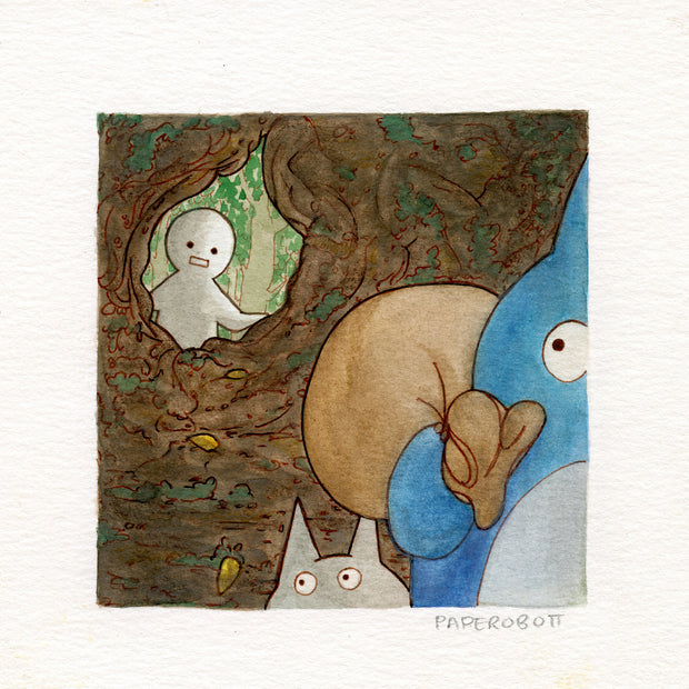Watercolor illustration on white paper with a thick border of a simple white character with a shocked expression, looking into a rabbit hole that has a small blue and white Chibi Totoro, running towards the viewer, carrying a brown sack.