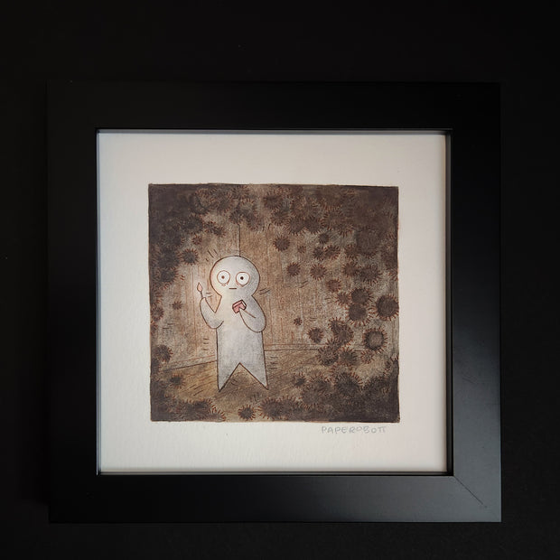 Watercolor painting of a simple which character with a round head and pointed arms and legs, with a frightened expression on its face. It holds a lit match in its hand and is the corner of a room surrounded by dust sprites. Piece is in a thick black frame.