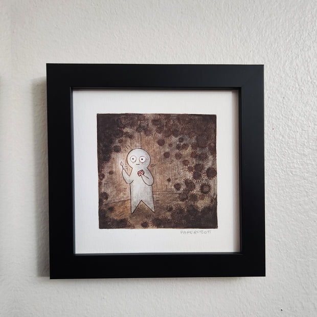 Watercolor painting of a simple which character with a round head and pointed arms and legs, with a frightened expression on its face. It holds a lit match in its hand and is the corner of a room surrounded by dust sprites. Piece is in a thick black frame.