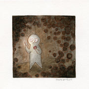 Watercolor painting of a simple which character with a round head and pointed arms and legs, with a frightened expression on its face. It holds a lit match in its hand and is the corner of a room surrounded by dust sprites.