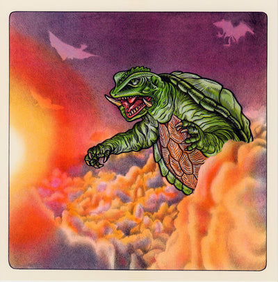 Risograph print of Gamera, mouth open fiercely and one arm extended, standing amongst clouds and looking towards a strong light source. Sky is a deep red-purple and clouds are orange and purple, there are faint shadows of dinosaurs in the sky behind.  