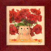 Watercolor illustration on tan paper, of a semi anthropomorphic round headed tan creature with its elbows resting on a table, smiling but crying. Out from its head grows multiple bunches of red geraniums, most in full bloom but some still in the buds. Piece is in a thick red wooden frame.
