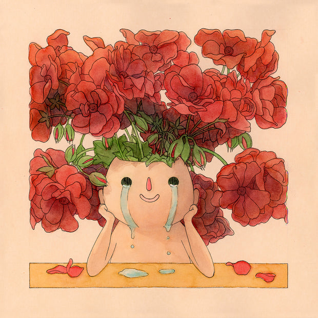 Watercolor illustration on tan paper, of a semi anthropomorphic round headed tan creature with its elbows resting on a table, smiling but crying. Out from its head grows multiple bunches of red geraniums, most in full bloom but some still in the buds.