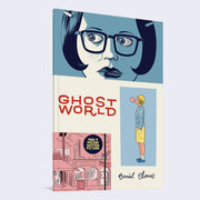 Book cover with 3 boxed illustrations. Top box is a blue and white close up portrait of a girl with glasses. Middle vertical rectangle has drawing of a blonde girl blowing a bubble. Bottom left box shows a pink and black urban street. "Ghost World" is written in thin stylized font in the middle.