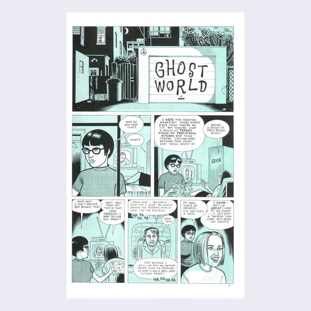 Page example of black and white comic panels with mint green color accents. Accompanying story is featured in talking bubbles.