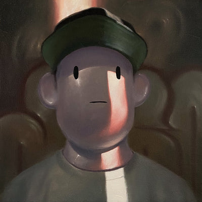 Smoothly rendered oil painting of a pink character with a smooth face and a cartoon face, looking stoically in a dimly lit setting. A light refraction covers part of its face, as if peeping out behind an opening door. They wear a baseball cap and white t-shirt.