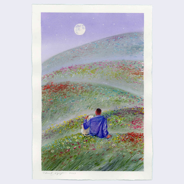 Watercolor painting of a boy sitting in a rolling field next to a dog, both facing away from the viewer. In the sky is a full moon.