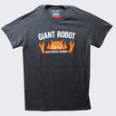 Front side of dark gray t-shirt. Illustration of an orange robot head. Text around robot says giant robot big boss robot.
