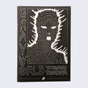 "Gray World" cover, silver ink on black paper featuring a sharp tooth alien torso.