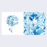 Open two page book spread. Two illustrations of anime style woman, one stands with an abstract, patterned wave of water flowing around her upper half. The other is a close up, with the girl smiling and surrounded totally by wildly patterned water.