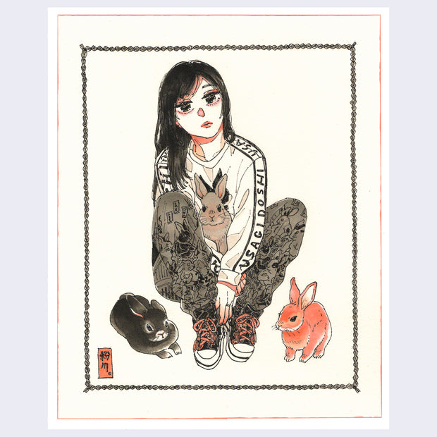 Colored ink drawing on white paper, of a girl with stylized facial features and baggy clothes, sitting on the ground with her knees propped up. A brown bunny sits in her lap and looks at the viewer straight on, white a black bunny and a pink bunny sit on opposite sides of her.