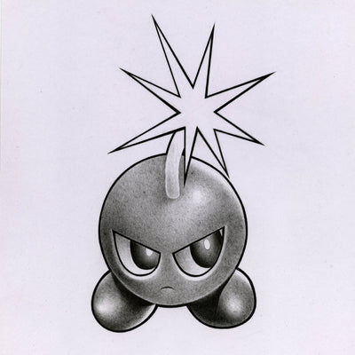 Finely shaded pencil drawing of an angry cartoon bomb with rounded shoes, akin to Kirby, with a graphic explosion spark coming from its fuse.
