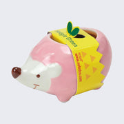 Small ceramic cartoon hedgehog, smiling with a brown nose. Its body is pink and is wrapped in a cardboard packaging sleeve that says "Hedgie Green."