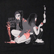 Close up of illustration. Two women sitting back to back covered in blood. One woman smokes. The other woman smears a bloody hand print on wall.