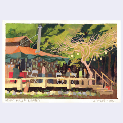 Plein air painting of an outside wooden deck, wrapped around a short building with many fliers on it. A bare tree with lanterns hanging off of it is atop the deck, with people sitting nearby.