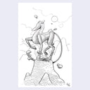 Black ink line drawing on white paper of an geometrically drawn horse, standing atop of a series of rocks.