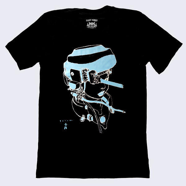 Front side of black t-shirt. Light blue sketch of an android with a hot pot machine headwear. Artist's signature is printed near bottom left.