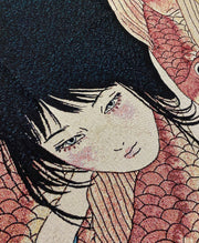Close up detail photo of tapestry of a pink cheeked woman with long black hair, swimming amongst a densely packed group of orange koi fish.