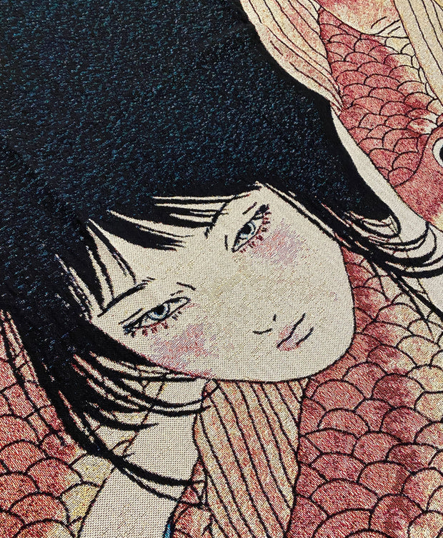 Close up detail photo of tapestry of a pink cheeked woman with long black hair, swimming amongst a densely packed group of orange koi fish.