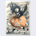 Color pencil drawing of a black cat riding atop of a jack o lantern, which has arms and legs and a smiling carved face.