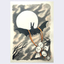 Color pencil drawing of a bat, flying towards a very large moon, with 2 orange ribbons attached to its wings. From the ribbons, are 3 fabric ghosts tied.