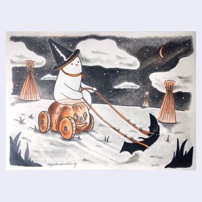 Color pencil drawing of a ghost riding atop a small pumpkin, being pulled by a bat. They ride through an open night landscape with a few teepees nearby.