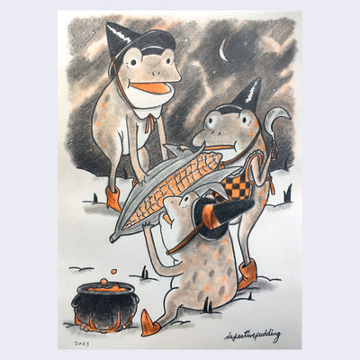 Color pencil drawing of 3 frogs, in black witch's hats and orange boots. They hold a large ear of corn near a small bubbling pot on the ground. 