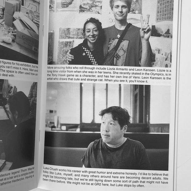 Open page spread, showing two black and white photographs of people with accompanying text below.