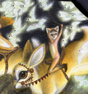 Close up of the colored pencil piece, showing texture and detail of one child riding atop a semi decorated yellow bunny. The child wears and fox costume and holds a wooden net above their head.