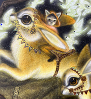 Close up of the colored pencil piece, showing texture and detail of a small child in a fox costume, riding atop a decorated and saddled yellow rabbit.